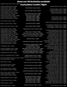 List of destinations for Vacation Package